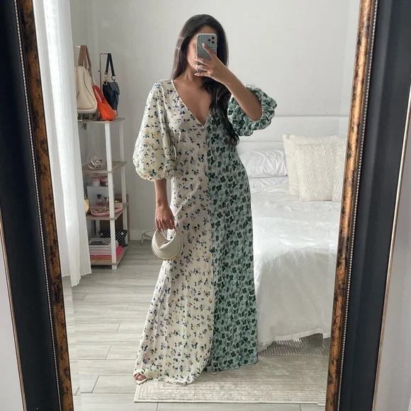 Lee Mathews Eloise Contrast Two-Tone Floral Maxi w/ Puff Sleeves - Picture 3 of 10